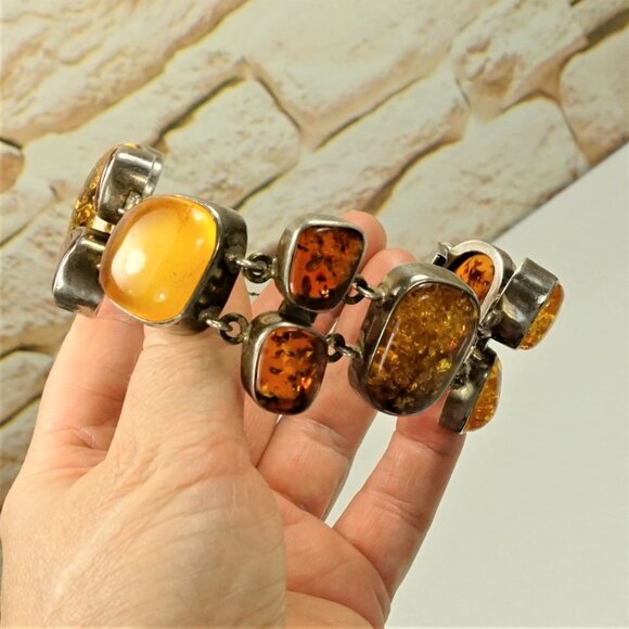 82g Rare Multi Amber and 925 Silver Heavy Link BRACELET - OOAK Gift For Her - Picture 5 of 16